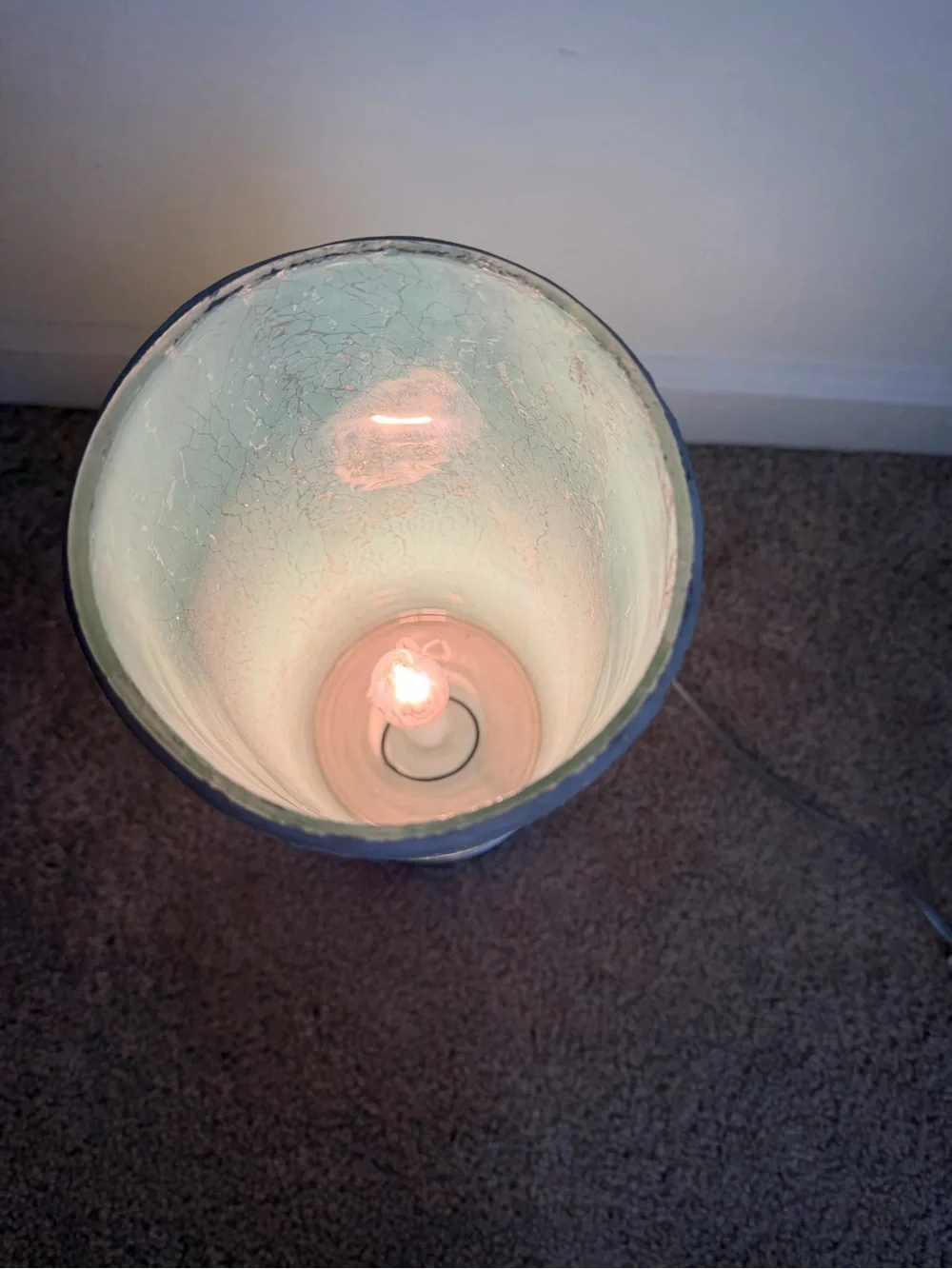 Turquoise Aqua Crackle Glass Cylinder Table Lamp Mid Century Style Light 13